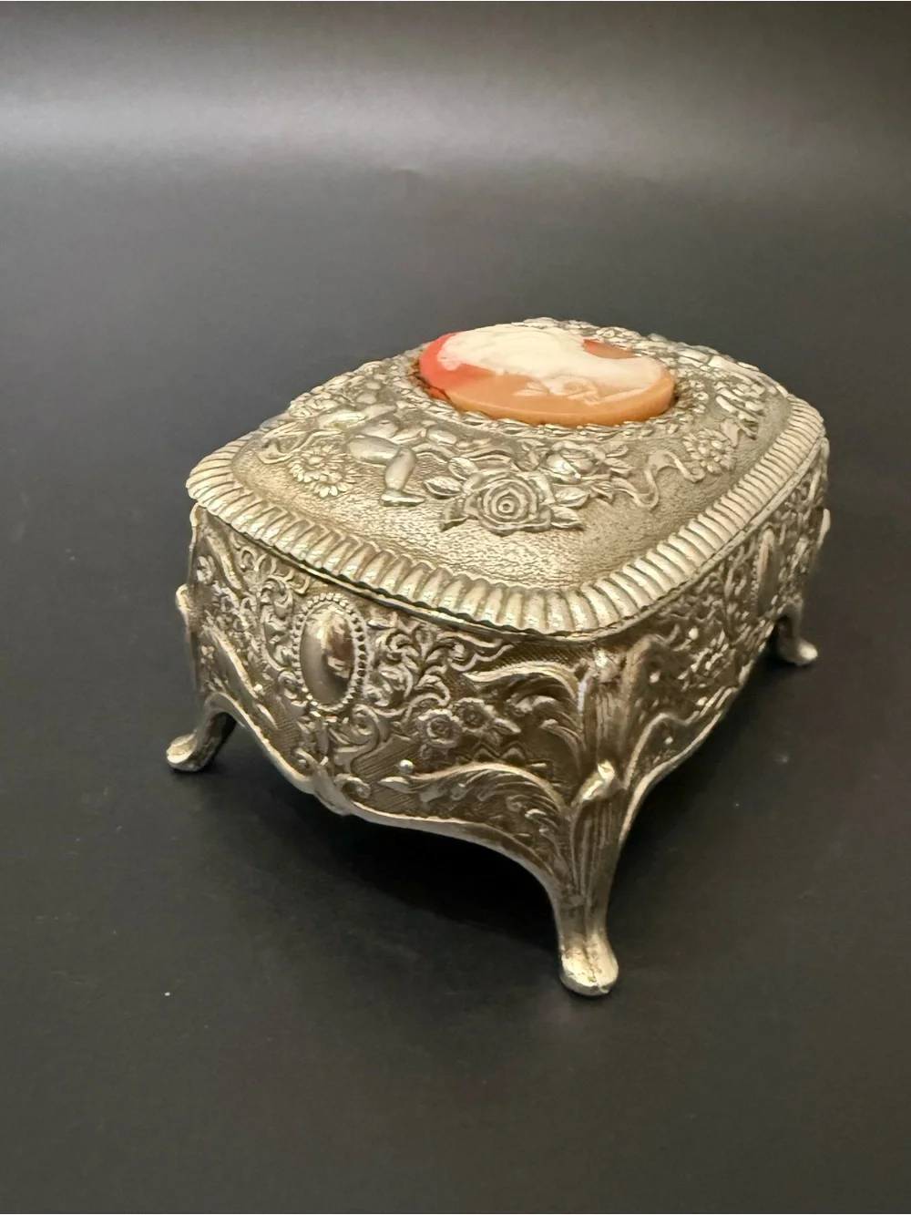 Vintage Victorian Revival Cameo Silver-plated Ornate Footed Trinket Jewelry Box